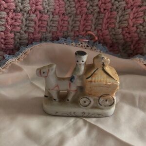 Vintage Porcelain Baby Carriage Figurine in White & Yellow